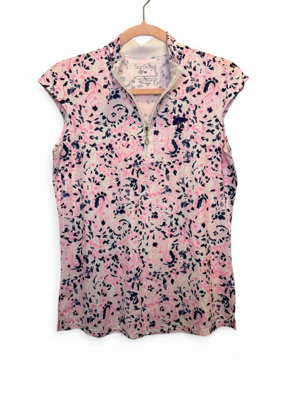 SanSoleil Pink & Navy Abstract Floral Cap Sleeve Golf Top Size Medium UPF 50+